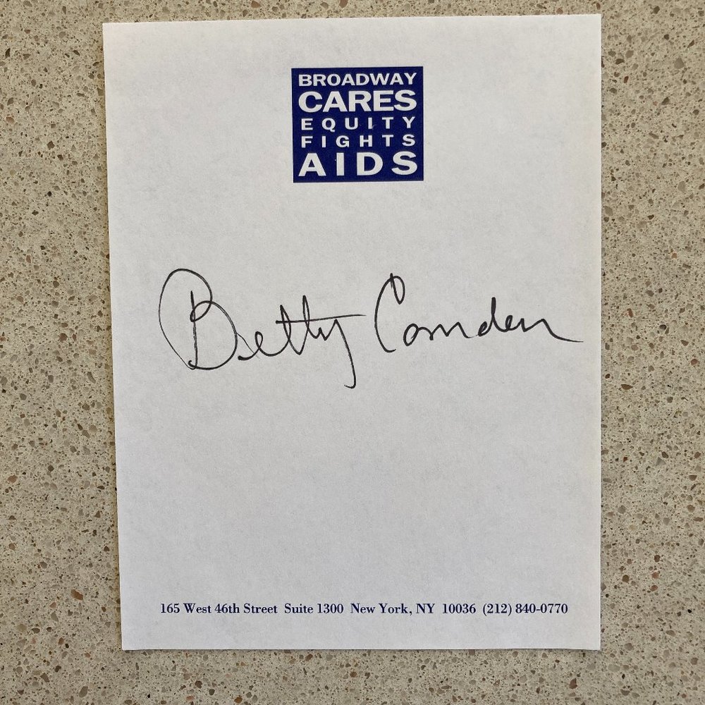 Betty Comden Signed BCEFA Paper 4”X5” Broadway On The Town & Two on the Aisle